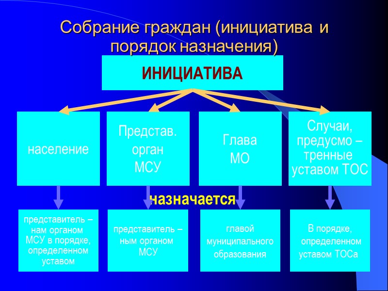 ИНИЦИАТИВА население Случаи, предусмо – тренные  уставом ТОС Глава МО Представ. орган МСУ